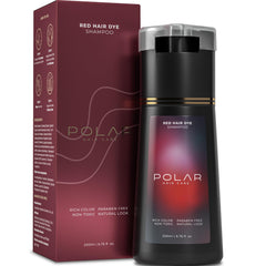 Polar Haircare red coloring shampoo bottle showing 3-in-1 color, cleanse, condition, dye.