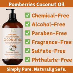 Pomberries aceite de coco fraccionado, absorción rápida para piel suave y flexible.