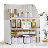 Pomohome makeup organizer on a bathroom counter with lid for tidy vanity storage.
