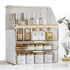 Pomohome makeup organizer on a bathroom counter with lid for tidy vanity storage.