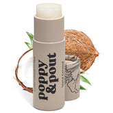 Bálsamo labial Poppy & Pout isla coco: aroma tropical y hidratación suave.