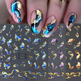 POWPOP 3D nail stickers marble wave blue for elegant, long-lasting nails.