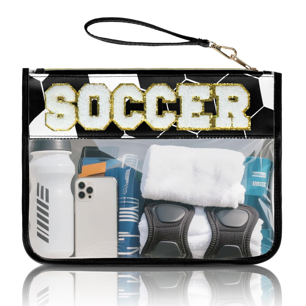 PPeen soccer gifts makeup bag with chenille patch front view, stylish travel companion