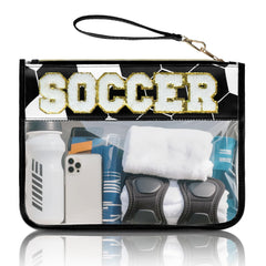 PPeen soccer gifts makeup bag with chenille patch front view, stylish travel companion