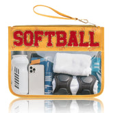 PPeen softball makeup bag with glitter chenille letters for organized cosmetics at games