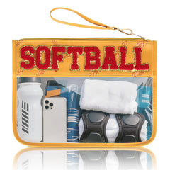 PPeen softball makeup bag with glitter chenille letters for organized cosmetics at games