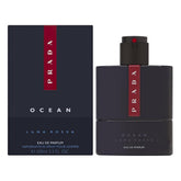 Prada Luna Rossa Ocean bottle top view, premium packaging and lasting masculine scent.