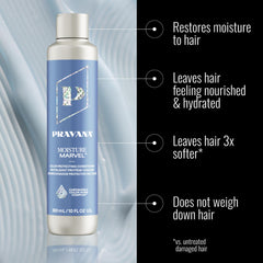 Etiqueta de Pravana Moisture Marvel mostrando compromiso vegano y libre de crueldad.