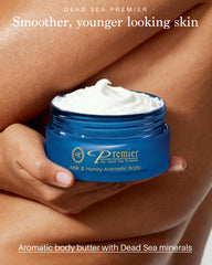 Premier Dead Sea Body Butter texture close-up shows whipped, non-greasy cream for quick absorption.