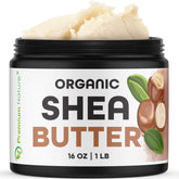 Premium Nature Manteca Karité Cruda Orgánica 1lb mostrando frasco y tapa para hidratación de piel
