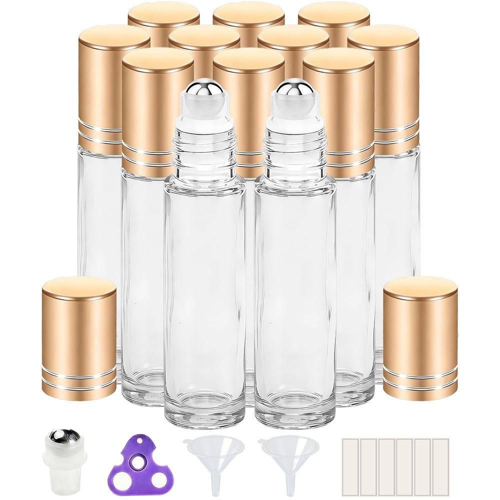 PrettyCare 12-pack 10ml roller bottle close-up showing thick glass and steel roller for durable travel use.