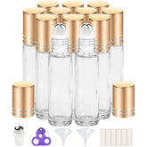 PrettyCare 12-pack 10ml roller bottle close-up showing thick glass and steel roller for durable travel use.