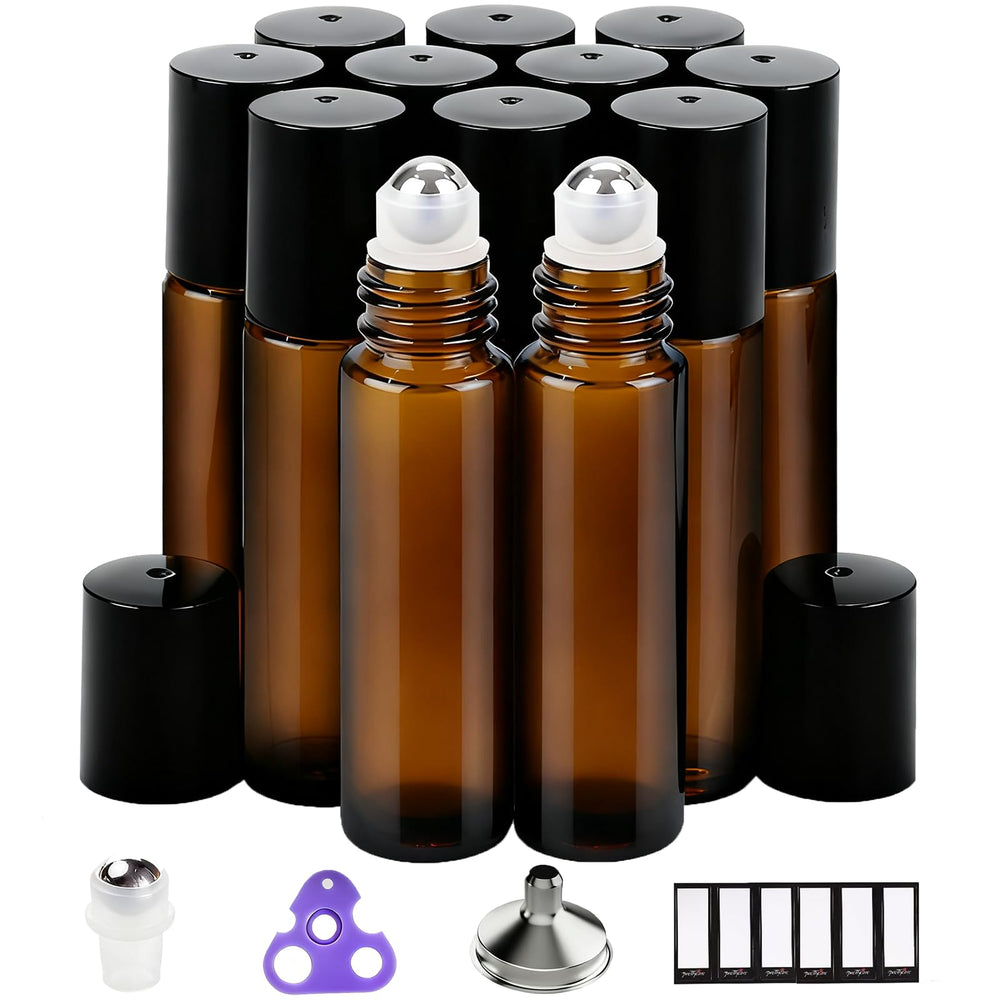 PrettyCare amber glass 10ml bottle with roller for light-sensitive blends.