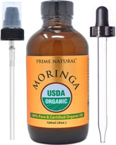 Prime Natural Moringa Oil bottle front shows pure, cold-pressed oil for skin and hair