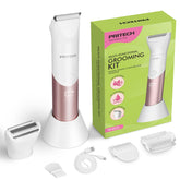 PRITECH Bikini Trimmer 2-in-1 unit display shows versatile grooming in one compact device.