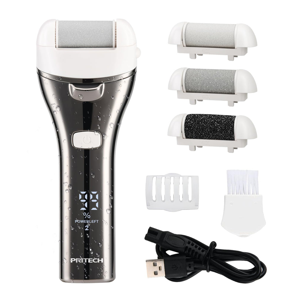 PRITECH electric foot callus remover front view shows compact ergonomic design for easy handling.
