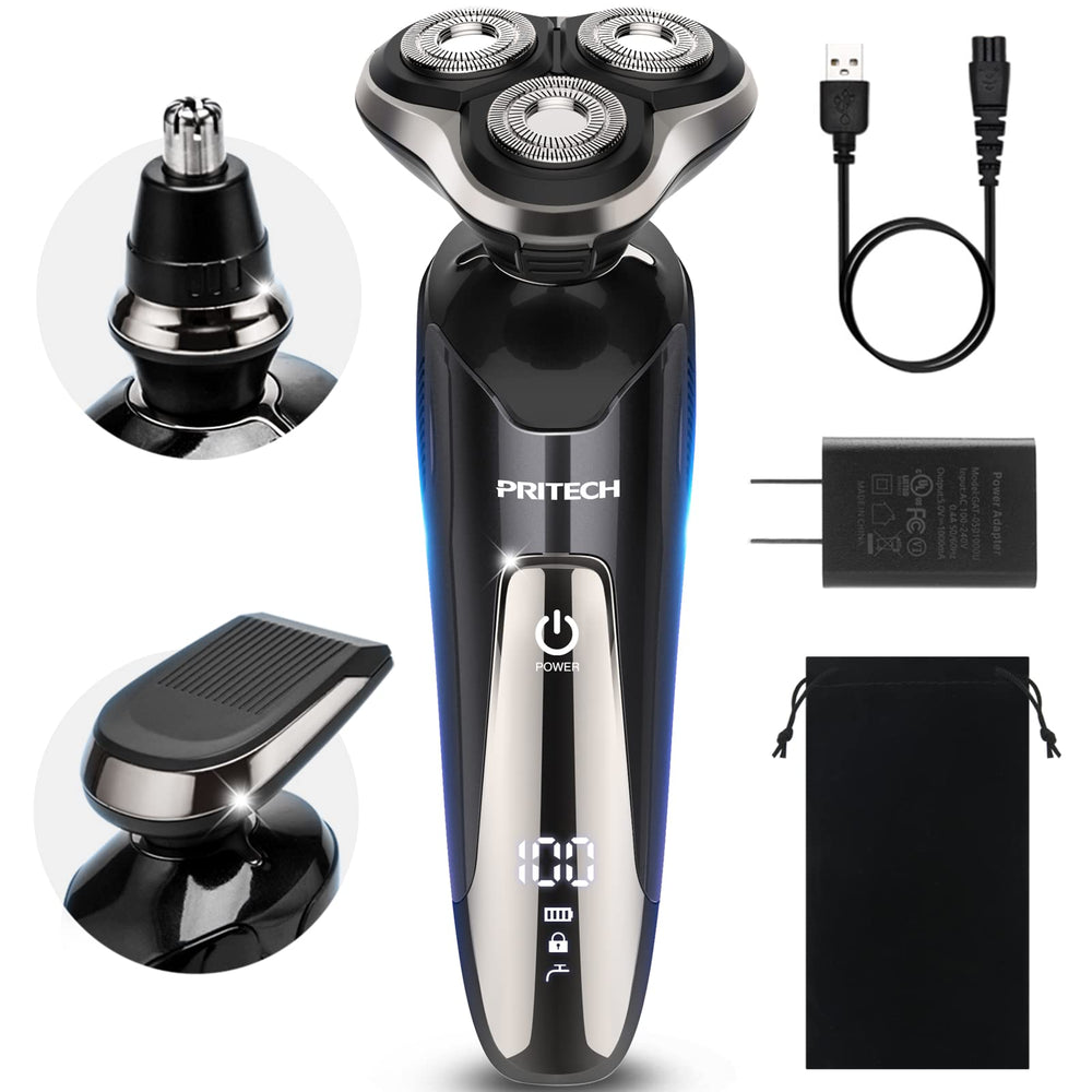 PRITECH electric razor for face shaving with contour-following blades for a smooth finish.