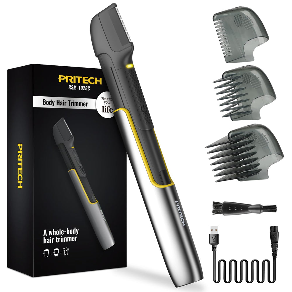 PRITECH Body Trimmer extendable arm reaches back for full-body grooming.