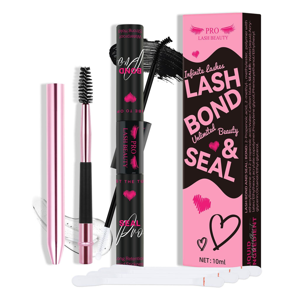 PRO LASHBEAUTY Lash Bond and Seal bottle close-up showing 2-in-1 formula for DIY lash extensions.
