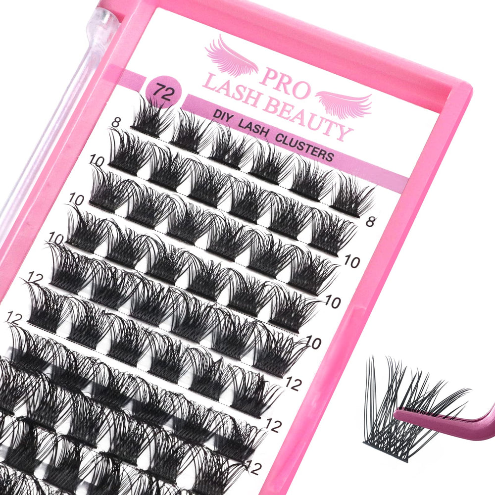 PRO LASHBEAUTY lash clusters tray showing 72 pieces for versatile DIY extensions.