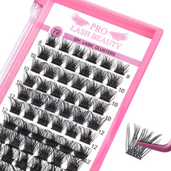 PRO LASHBEAUTY lash clusters tray showing 72 pieces for versatile DIY extensions.