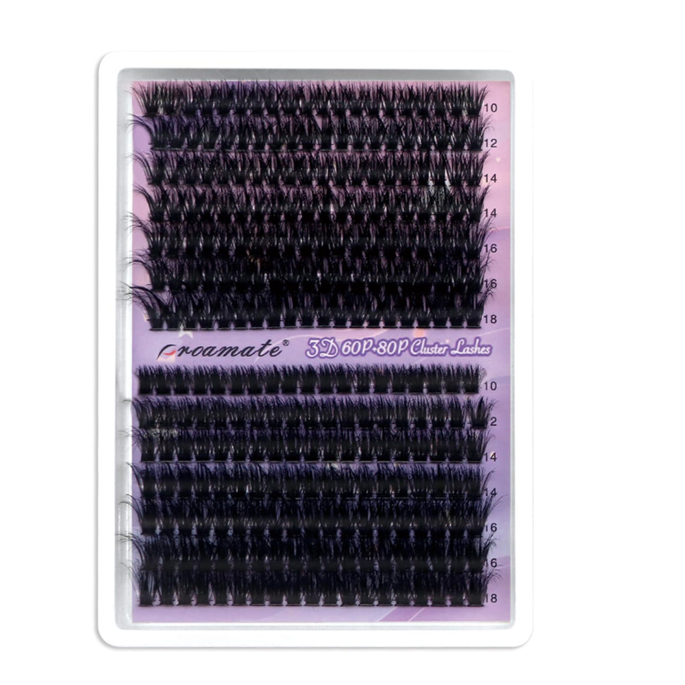 Proamate cluster lashes D Curl 10–18mm pack close-up for customizable volume.