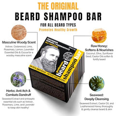 Beard shampoo bar shown as a long-lasting, travel-friendly option.