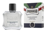 Proraso After Shave Balm bottle closeup highlighting Aloe Vera and Vitamin E for soothing hydration.