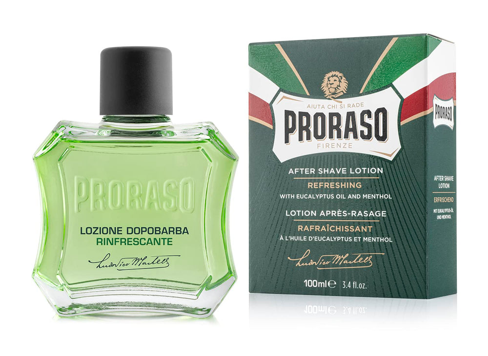 Proraso aftershave lotion eucalyptus bottle for refreshing post-shave hydration.