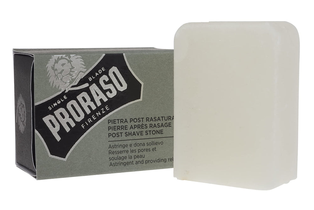 Proraso Post-Shave Stone on skin, delivering gentle cooling and pore tightening after shaving.