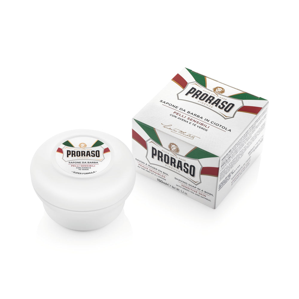 Proraso Shave Soap in a Bowl with Oatmeal and Green Tea creates protective lather.