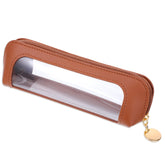 Psyqtsuary Clear Makeup Pouch brown front view, compact travel-ready cosmetics organizer.