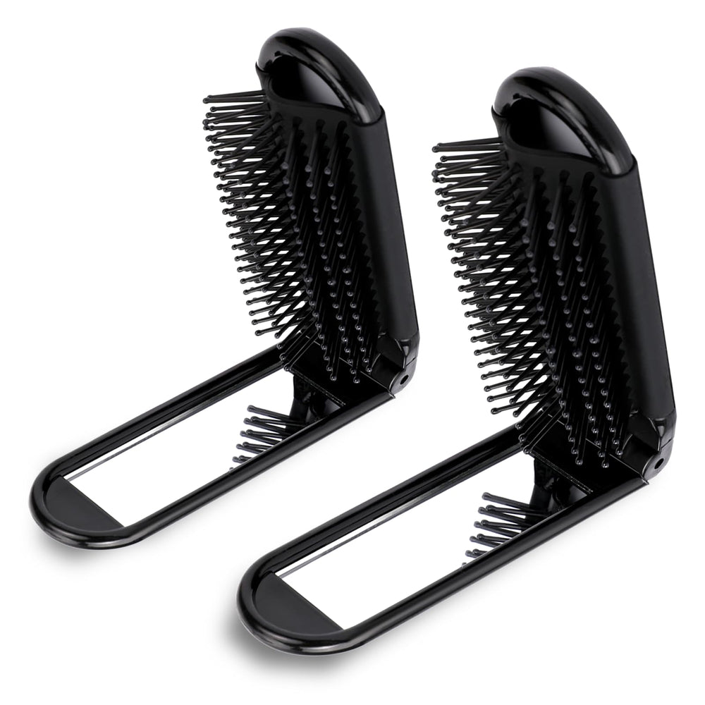 Psyqtsuary foldable hair brush with mirror for travel touch-ups.