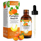 Pumpkin Seed Oil bottle pours; pure cold-pressed formula ideal for hair and skin care.