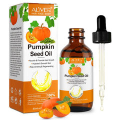 Pumpkin Seed Oil bottle pours; pure cold-pressed formula ideal for hair and skin care.