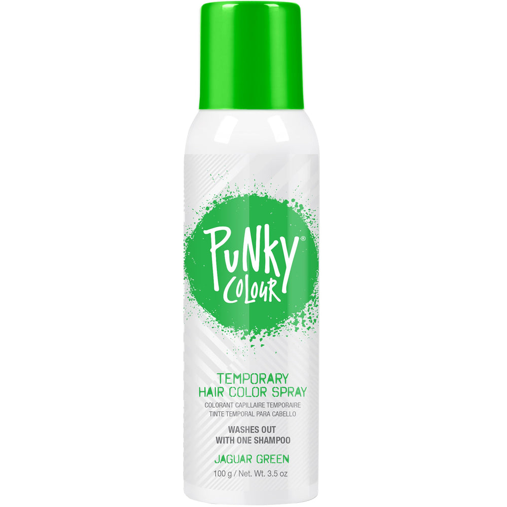Punky Jaguar Green hair color spray shown in packaging for easy color choice.
