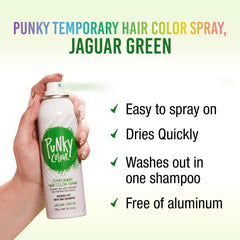 Punky Jaguar Green spray creates dramatic highlights with quick-dry finish.