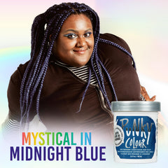 Punky Midnight Blue on hair delivers vibrant color with conditioning shine.
