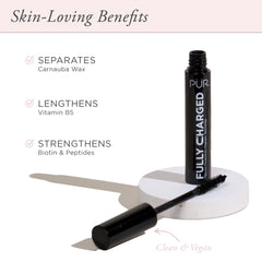 PÜR MINERALS Fully Charged Mascara lash-application close-up highlights defined, volumized lashes.
