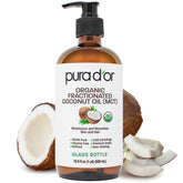 PURA D'OR Aceite de coco fraccionado en botella de cristal, hidratación suave para piel.