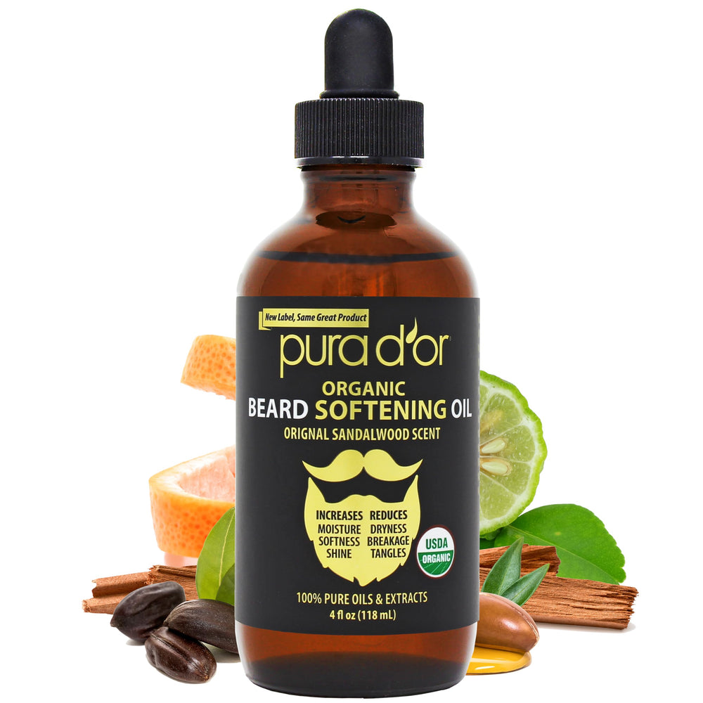 PURA D'OR beard oil original sandalwood bottle for a soft, moisturized beard.