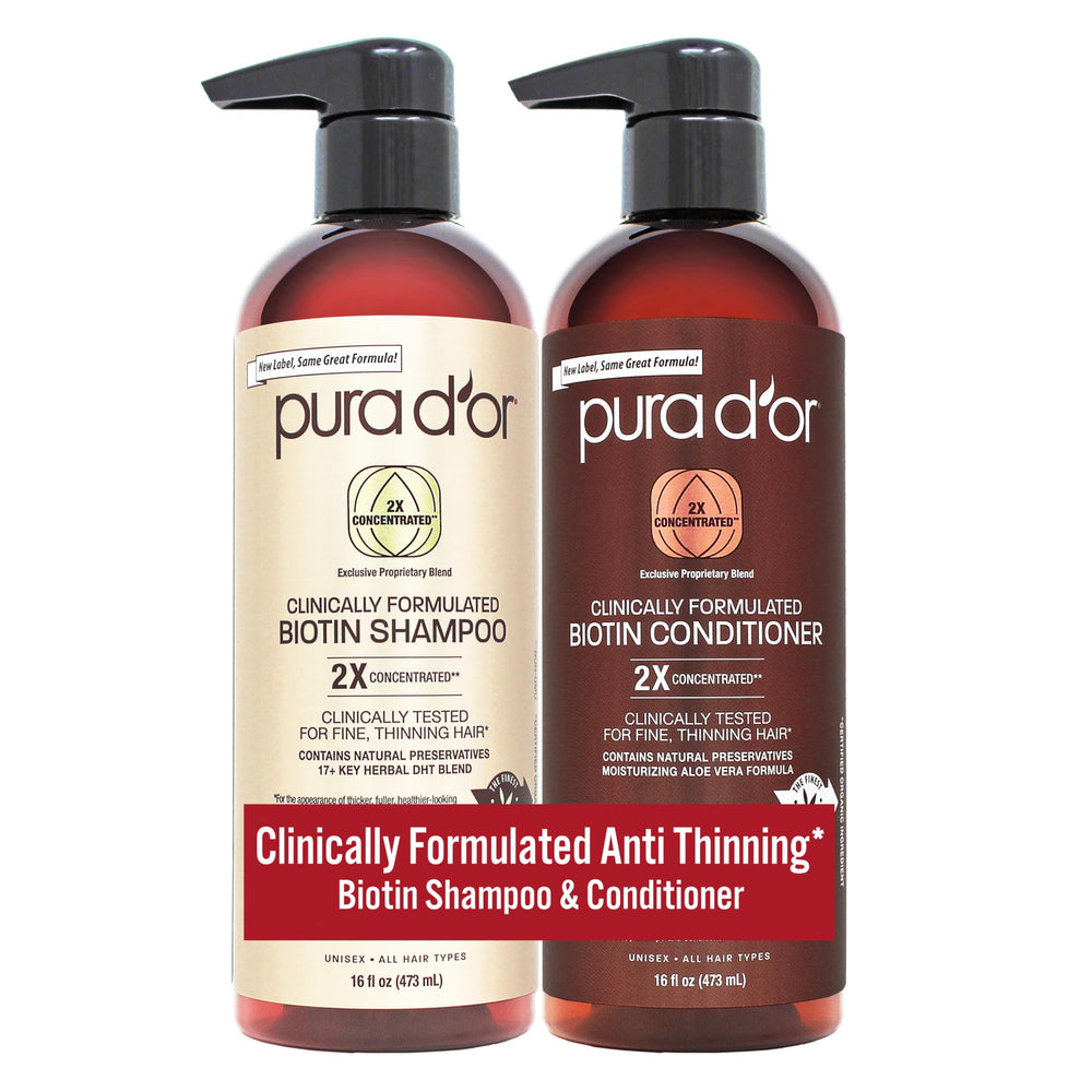 PURA D'OR biotin shampoo bottle with double-concentration formula for thicker-looking hair.