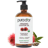 PURA D'OR organic castor oil bottle in glass for clean beauty conditioning.