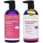 PURA D'OR Restore & Renew shampoo bottle showing nourishing oils for damaged hair