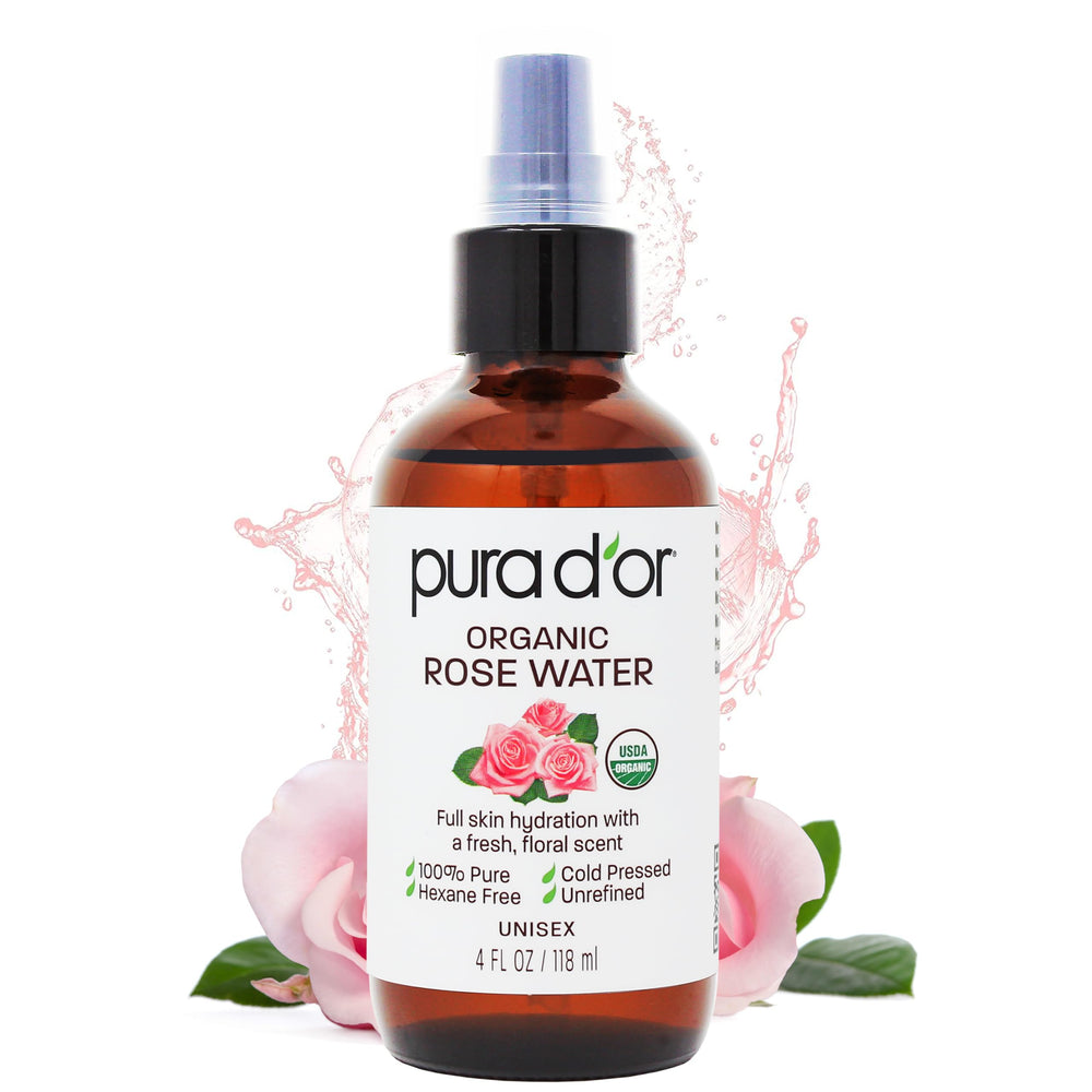 PURA D’OR Rose Water Toner, frasco: hidrata piel suavemente y facilita la limpieza diaria.