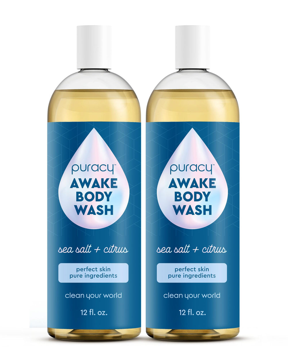 Puracy Awake body wash bottle with citrus sea salt scent for an energizing cleanse.