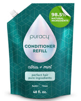 Puracy Conditioner bottle pour demonstrates plant-powered daily hair care.