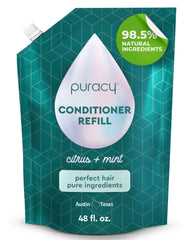 Puracy Conditioner bottle pour demonstrates plant-powered daily hair care.