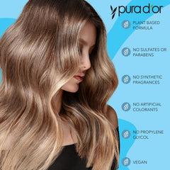 PURA D'OR shampoo label closeup highlights organic, sulfate-free ingredients.