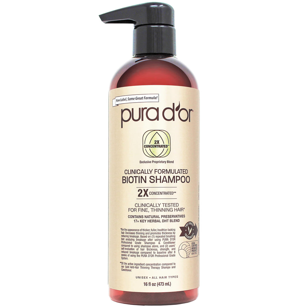 PURA D'OR Champú de Biotina profesional, botella visible, cabello más fuerte.